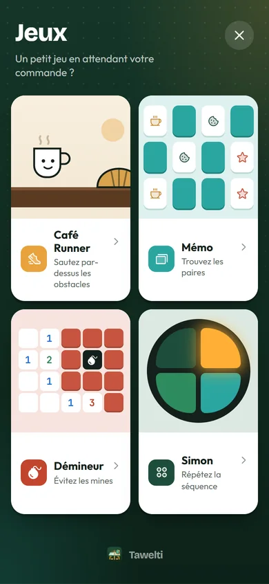 L'écran des jeux du menu, avec quatre jeux à choisir.