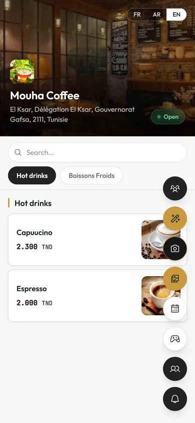 A café menu on a phone, with categories, prices and photos.